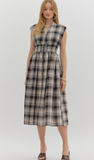 Entro Plaid V Neck Midi Dress Black
