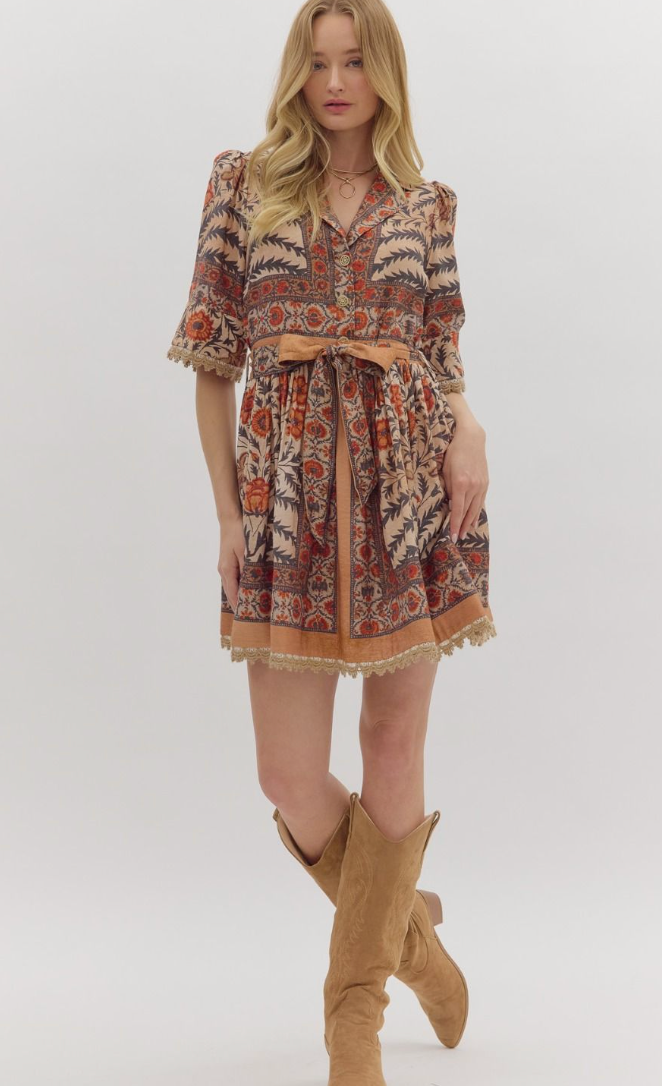 Entro Botanic Print Mini Dress Charcoal