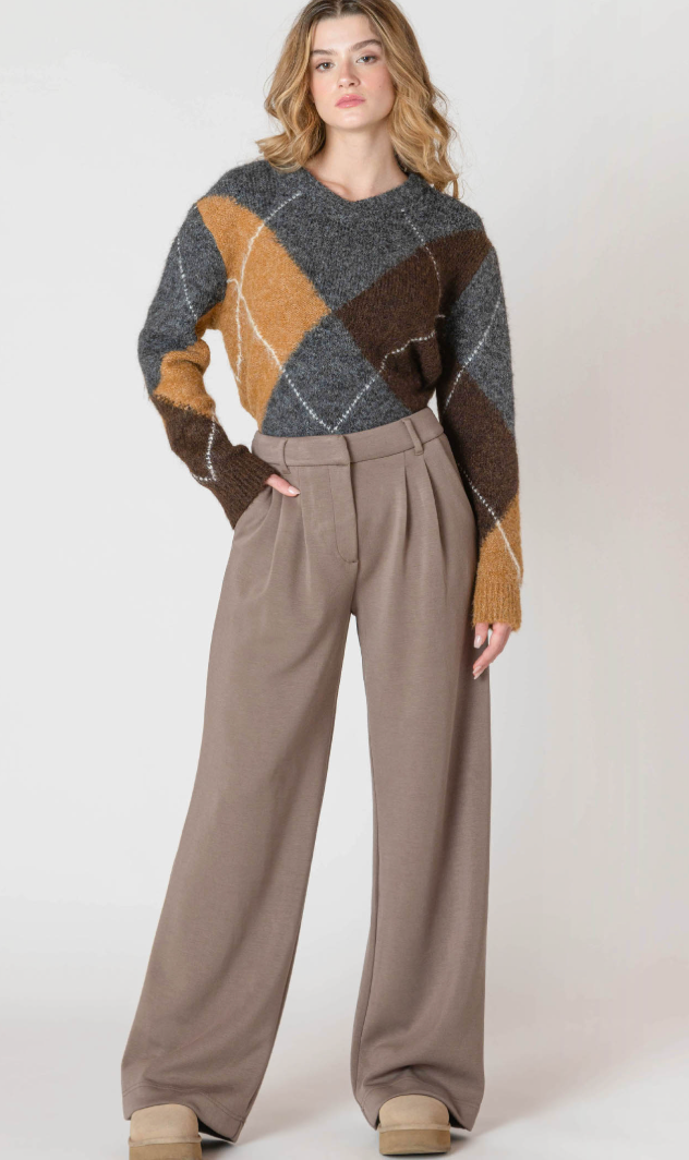 Room 34 Wide Leg Knit Trouser Dark Taupe