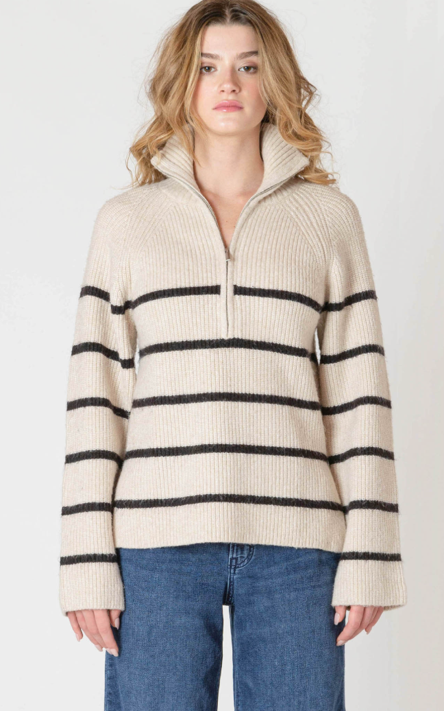 Room 34 Half Zip Stripe Sweater Oat & Black