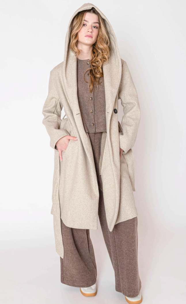 Room 34 Belted Hooded Cardigan Stone