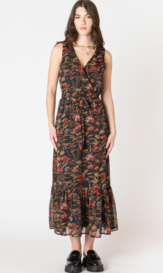 Black Tape Sleeveless Wrap Dress Autumn Bloom