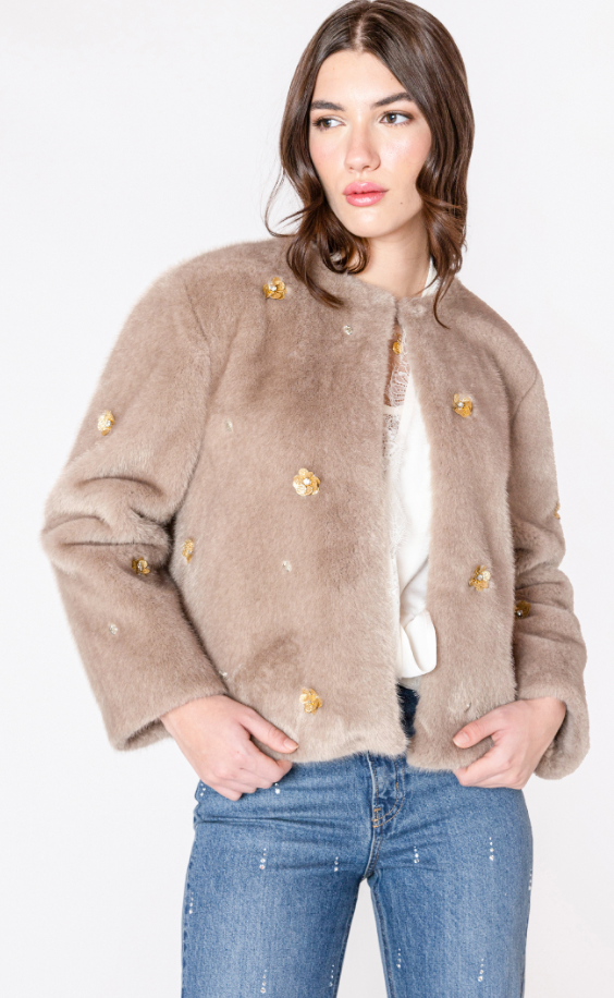 Dex Faux Fur Embellished Cardigan Frosted Mocha
