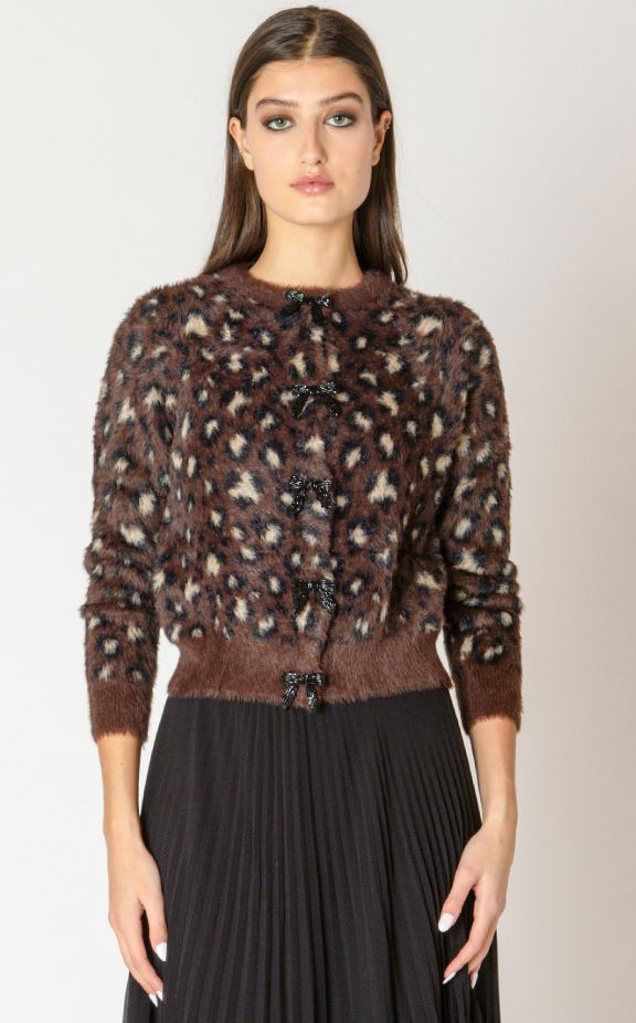 Black Tape Fuzzy Leopard Print Cardigan Brown