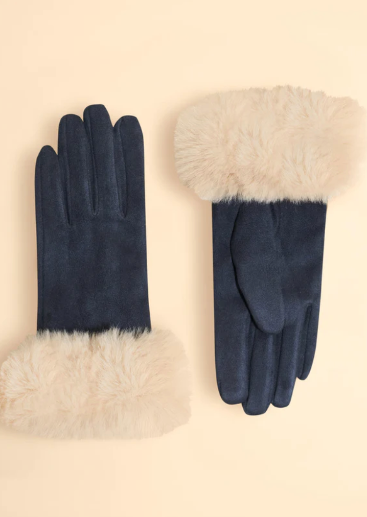 Powder Bettina Faux Suede Gloves Navy Cream