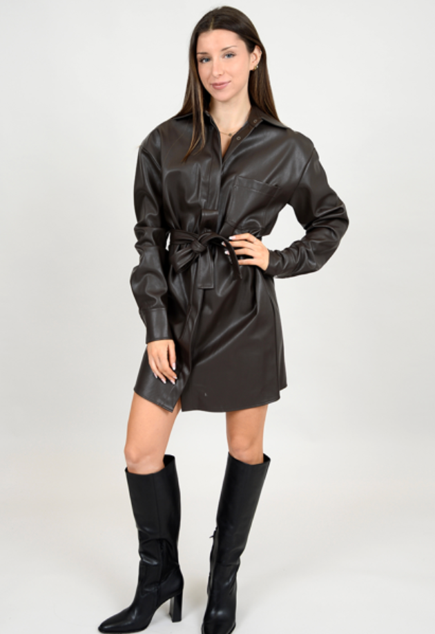 RD Style Sharl Faux Leather Shirt Dress Bark