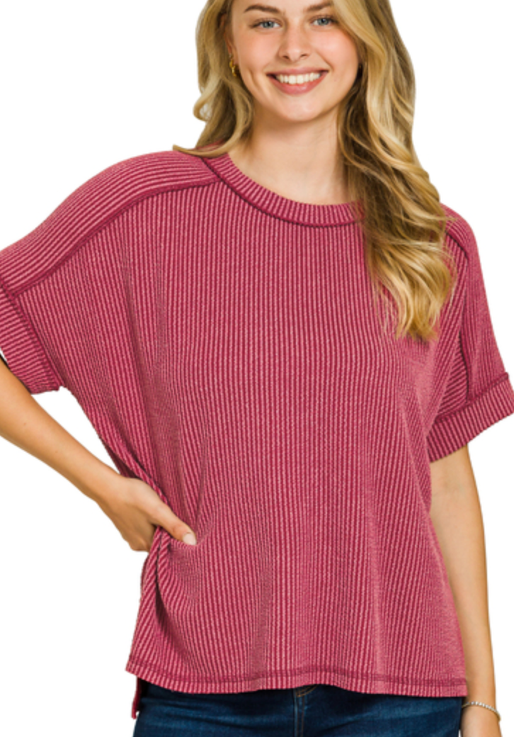 ZENANA Obie Oversized Rib Tee Burgundy