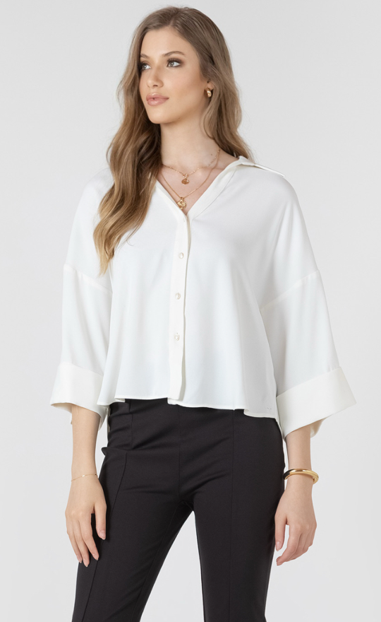 Black Tape Cuffed Button Front Blouse Vanilla