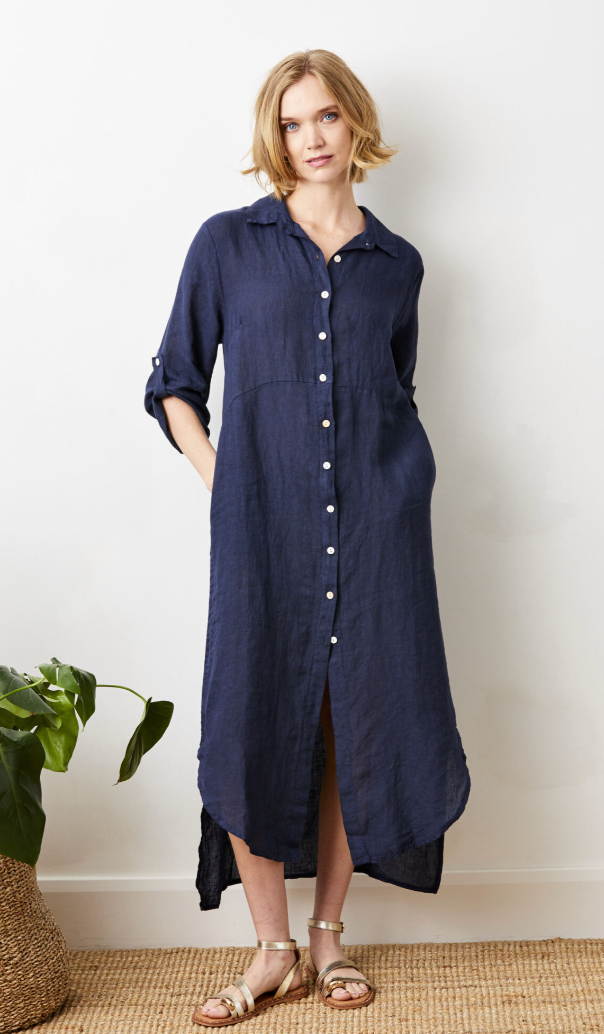 Suzy D Larino Linen Shirt Dress Navy