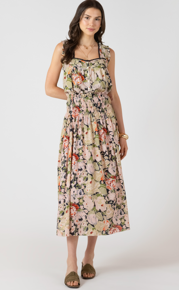 Dex Smocked Waist Midi Skirt Vintage Rose