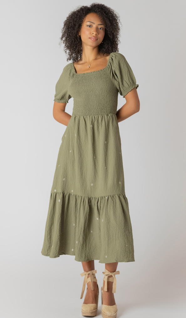Room 34 Smocked Tiered Maxi Dress Sage