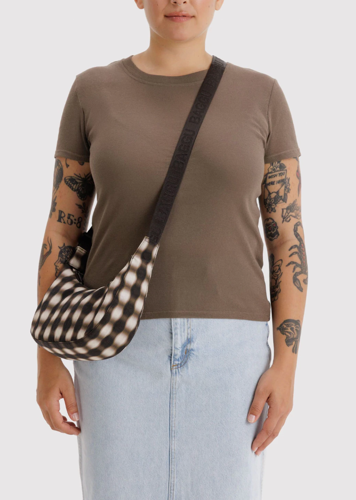 Baggu Small Nylon Crescent Bag Blurred Gingham Brown