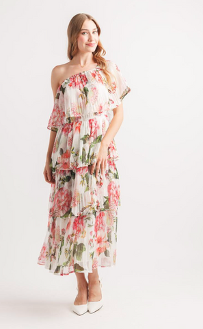 Papillon Tiered Off Shoulder Floral Maxi Dress Off White