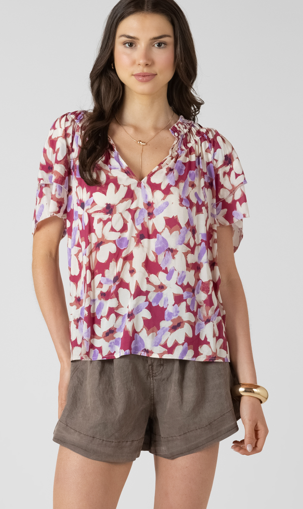 Dex Flutter Sleeve Blouse Berry Bouquet