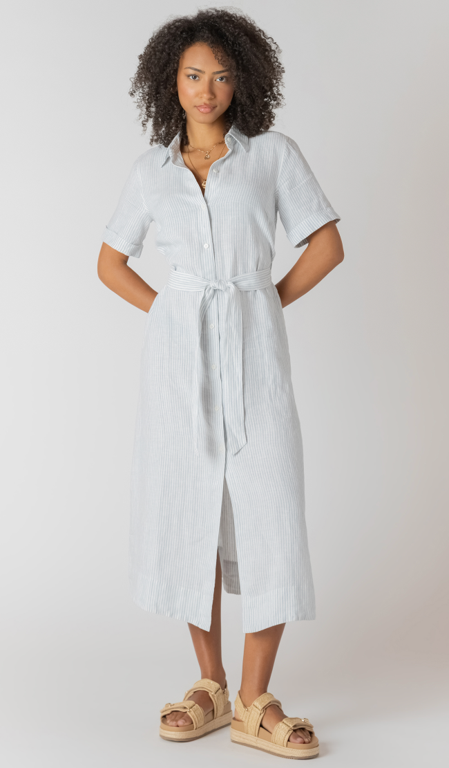 Room 34 Belted Shirt Dress White Blue Stripe