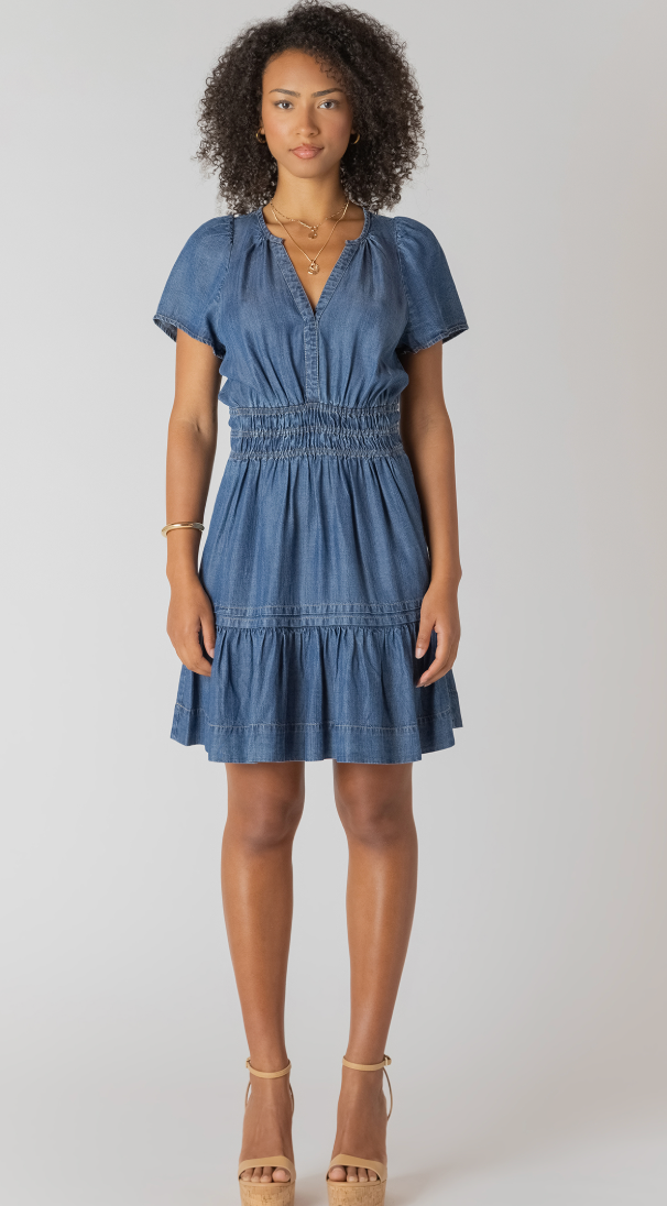 Room 34 Tiered Denim Mini Dress Med Indigo