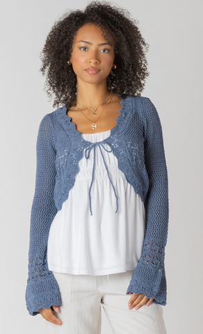 Room 34 Tie Front Crochet Cardigan Indigo