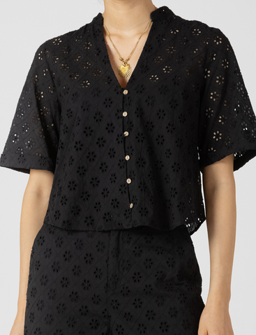 Black Tape Lace Button Blouse Black