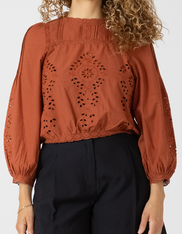 Black Tape Lace Detail Blouse Terracotta