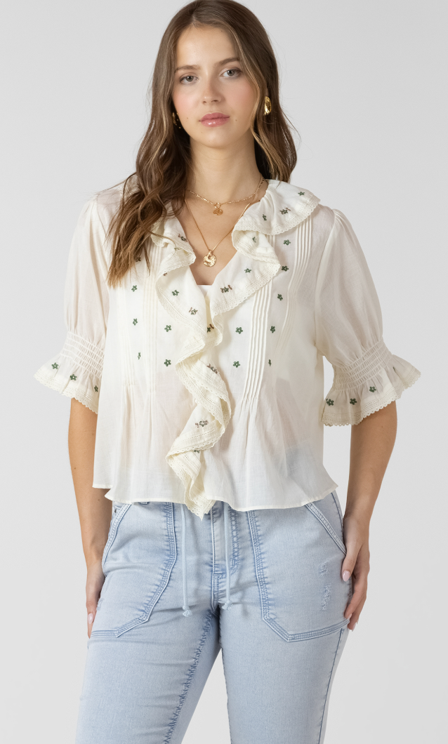 Dex Embroidered Ruffle Blouse White