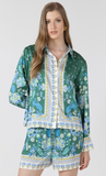 Black Tape Silky Button Front Blouse Poolside Scarf Print