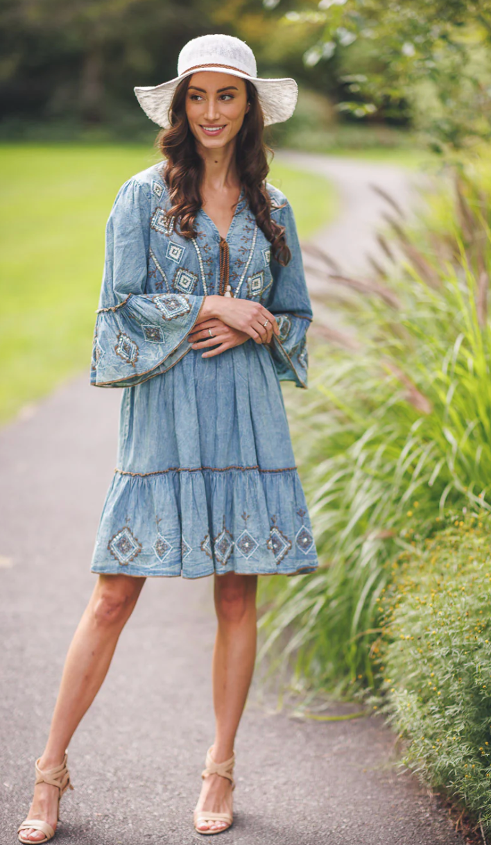 Papillon Denim Dress With Embroidery & Beads Brown