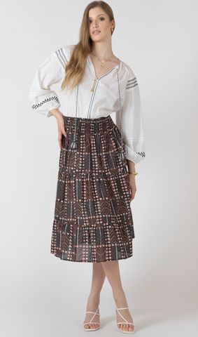 Black Tape Smocked Waist Midi Skirt Black Flower
