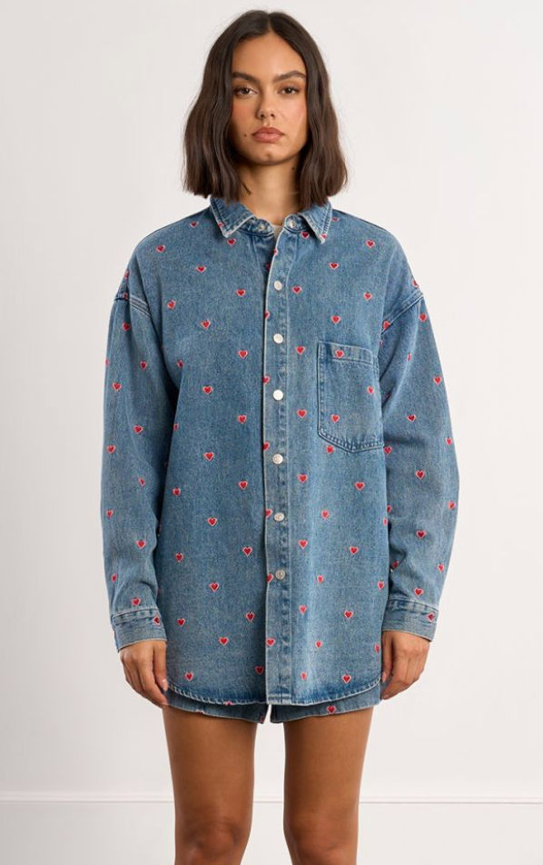 Molly Bracken Oversized Embroidered Heart Shirt Denim