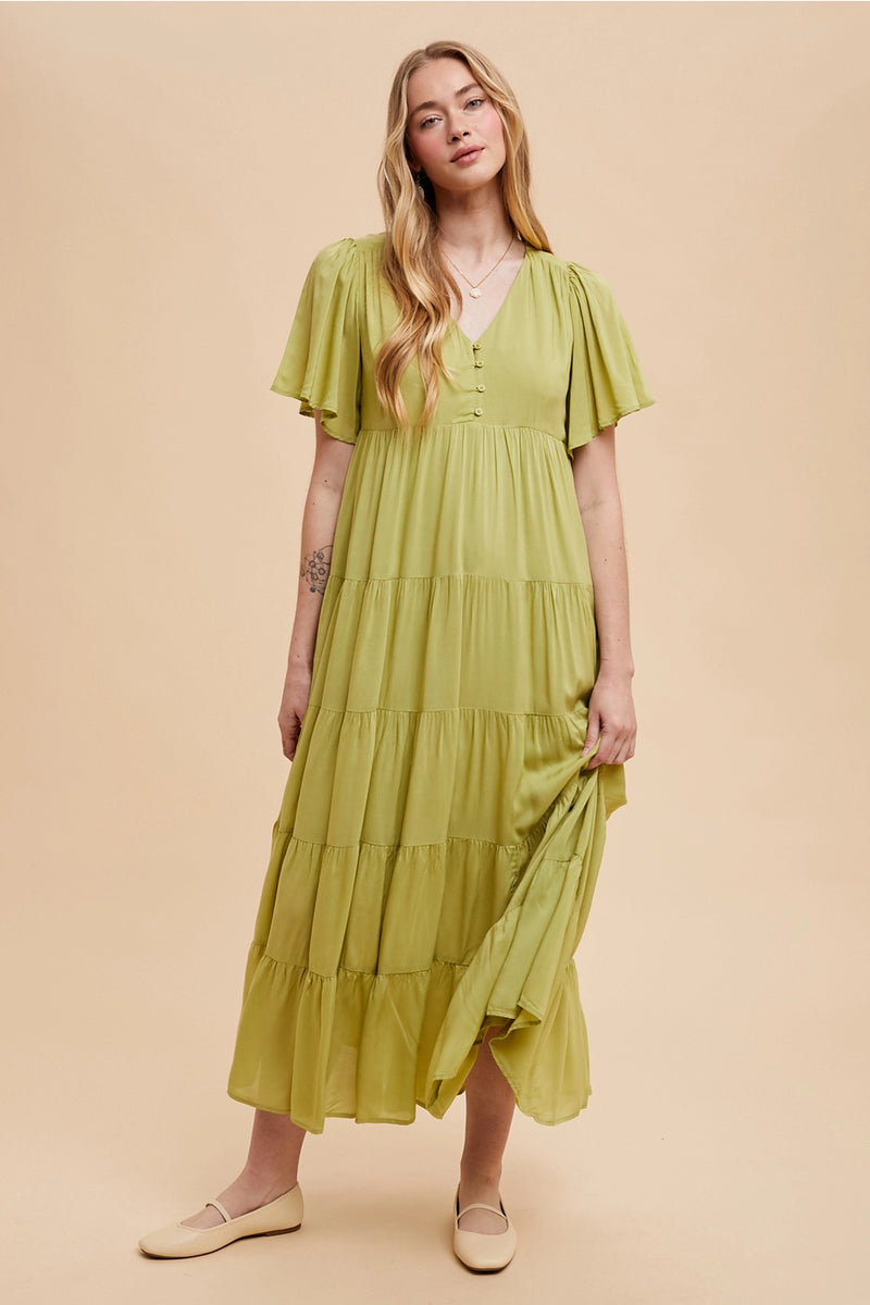In Loom Flowy Tiered Maxi Dress Matcha Green