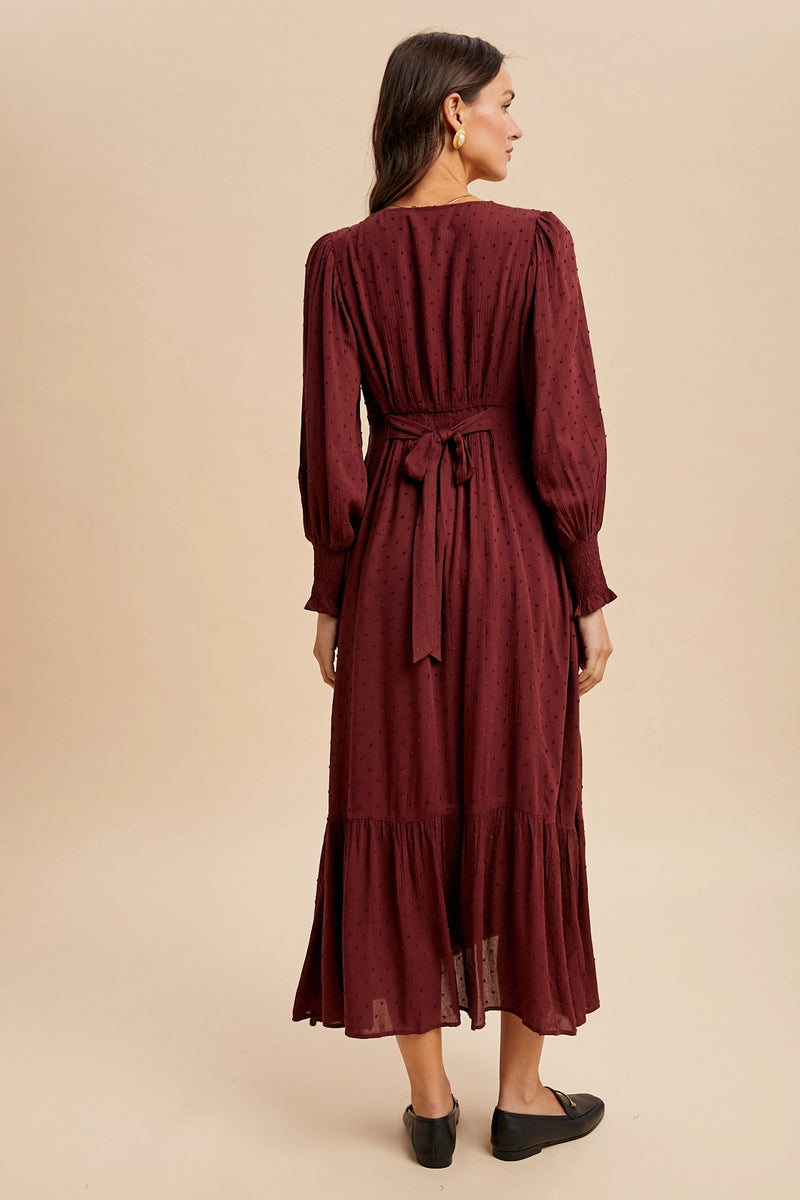 In Loom Swiss Dot Tie Back Dress Merlot
