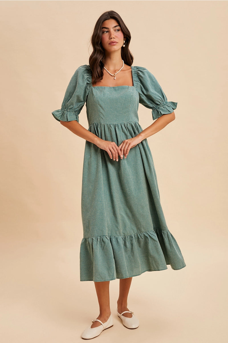 In Loom Grid Check Midi Dress Forest Green