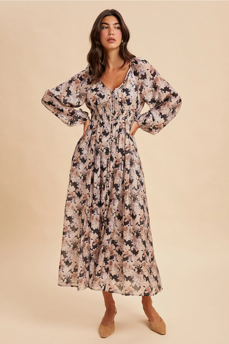 In Loom Floral Smocked Maxi Dress Midnight